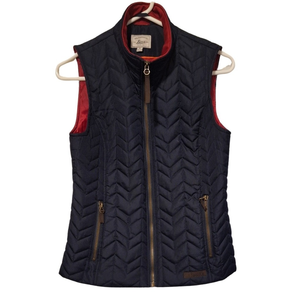 GH Bass Heritage Navy Quilted Puffer Vest Chevron Red Lining Womens S Preppy